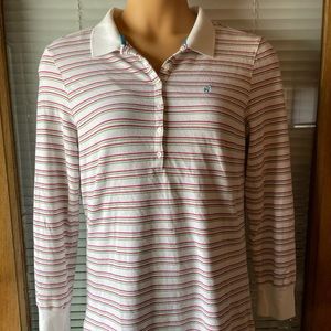 Old Navy: Hot Pink, Green & White Striped Button Down Long Sleeve Polo, Size XL